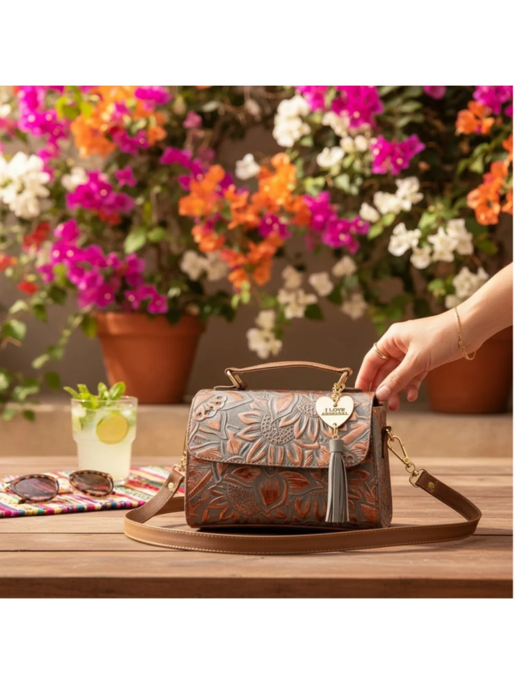 Blue Gray Bronze Sunflower Embossed Tooled Artisan Leather Crossbody Purse